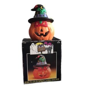 Cute & Creepy Craft Creations Porcelain‎ Pumpkin Halloween Candle Holder Vintage